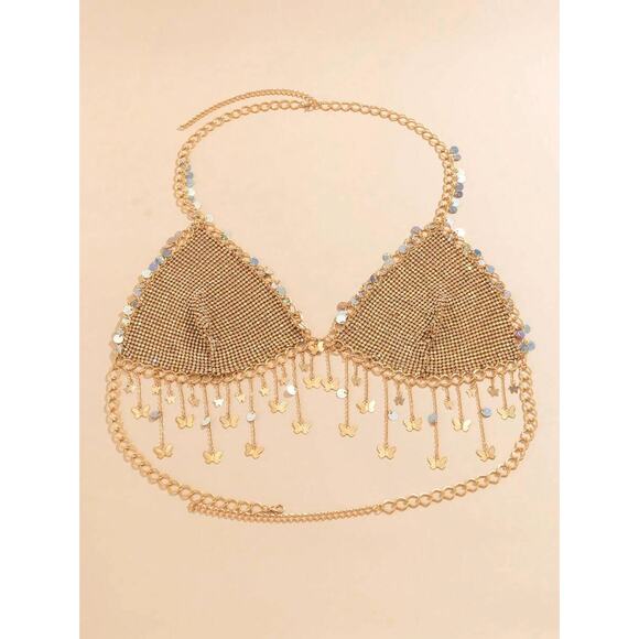 Golden Metal Mesh Festival, Rave, Party, Club Butterfly Charm Bra Top - Picture 6 of 6
